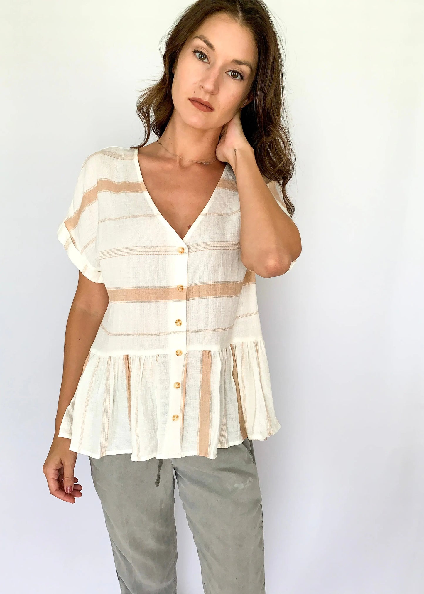 The Tiny Details Khaki Striped Button Down Short Sleeve Top