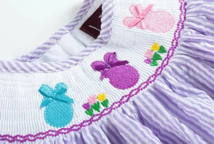 The Tiny Details Lavender Seersucker Bunny & Bow Smocked Bishop Dress