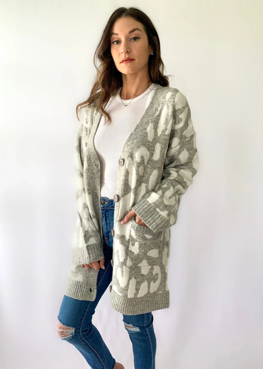 The Tiny Details Leopard Print Grey Soft Knit Cardigan