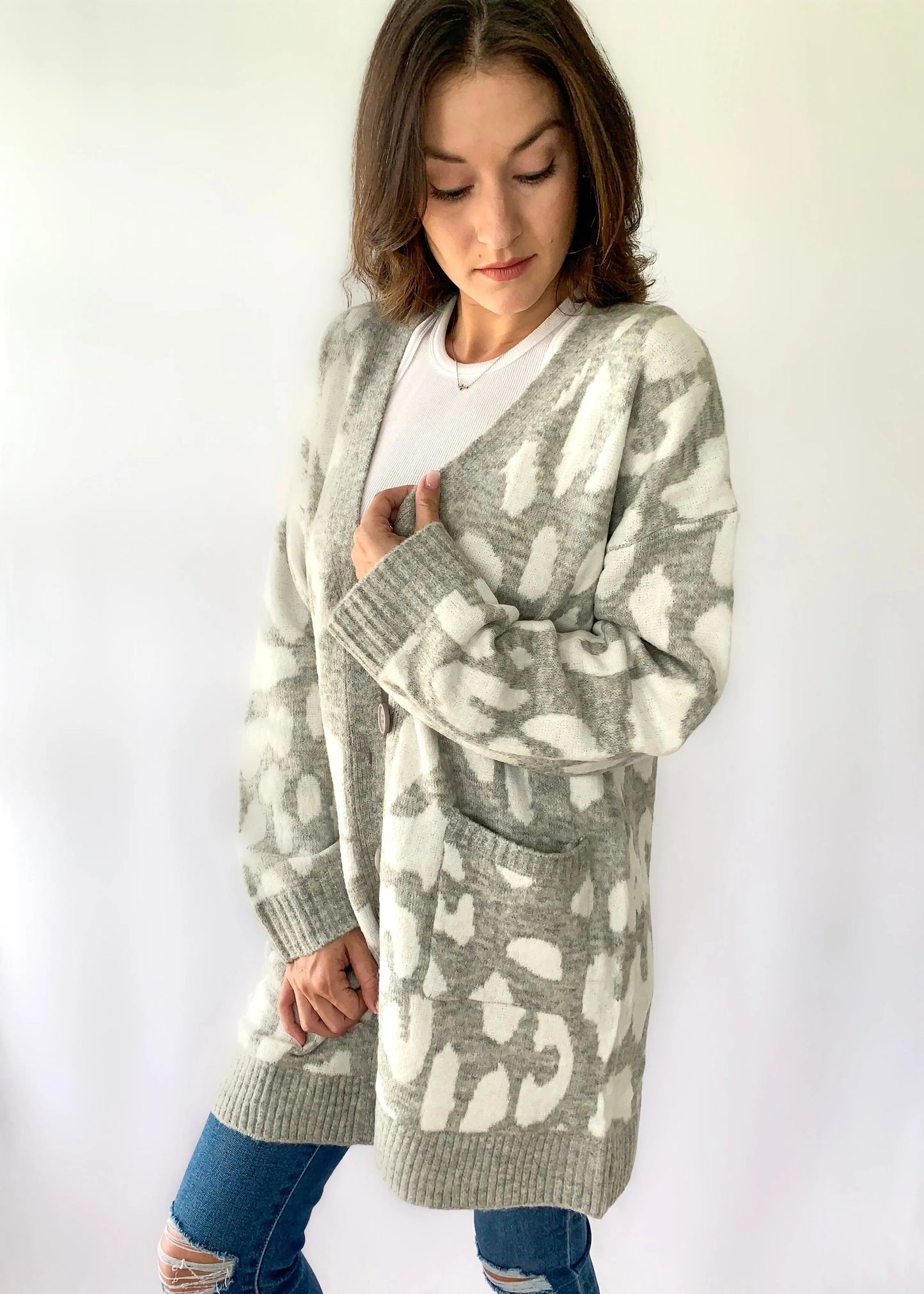 The Tiny Details Leopard Print Grey Soft Knit Cardigan