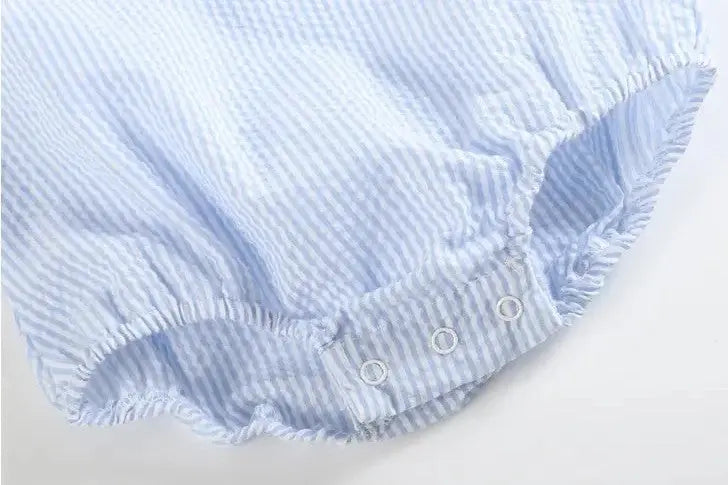 The Tiny Details Light Blue Seersucker Collared Bubble Baby Romper