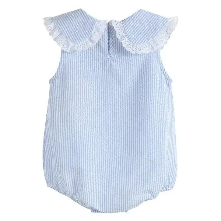 The Tiny Details Light Blue Seersucker Collared Bubble Baby Romper