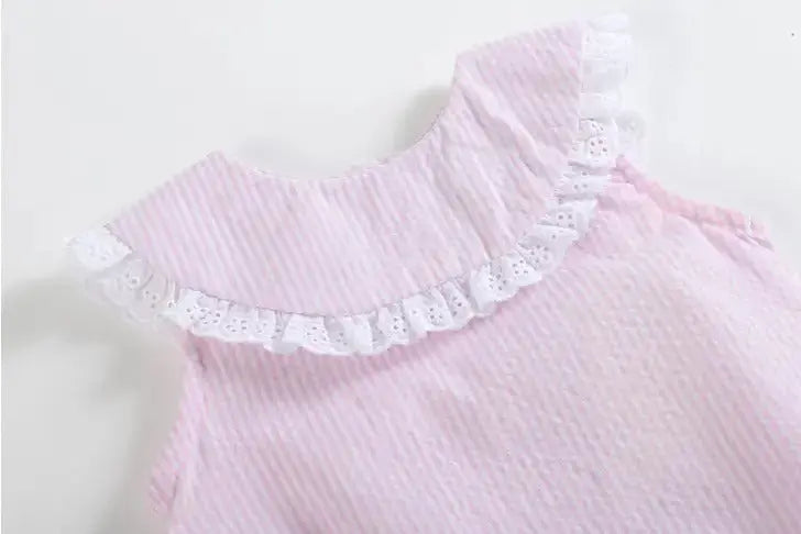 The Tiny Details Light Pink Seersucker Collared Bubble Baby Romper