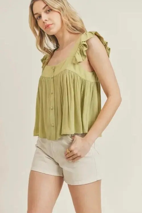 The Tiny Details Mellow Green Ruffle Strap Top