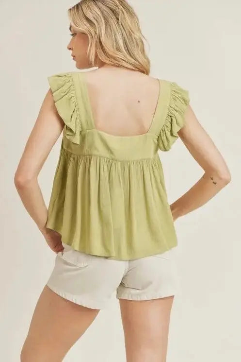 The Tiny Details Mellow Green Ruffle Strap Top