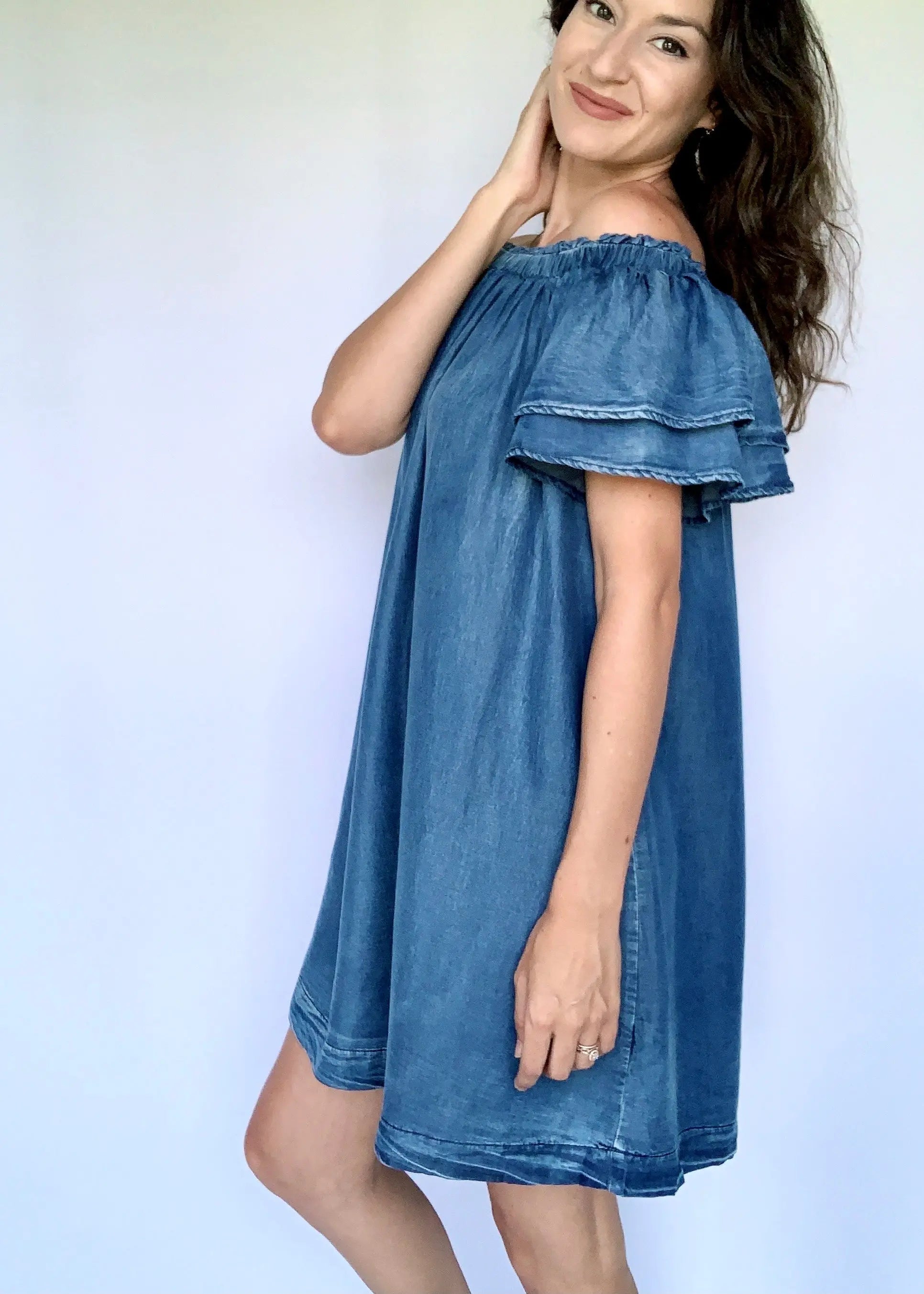 The Tiny Details OTS Flutter Sleeve Woven Chambray Dress