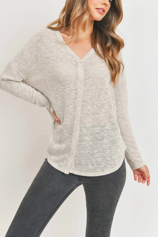 The Tiny Details Oatmeal Lightweight Long Sleeve Button Down Top