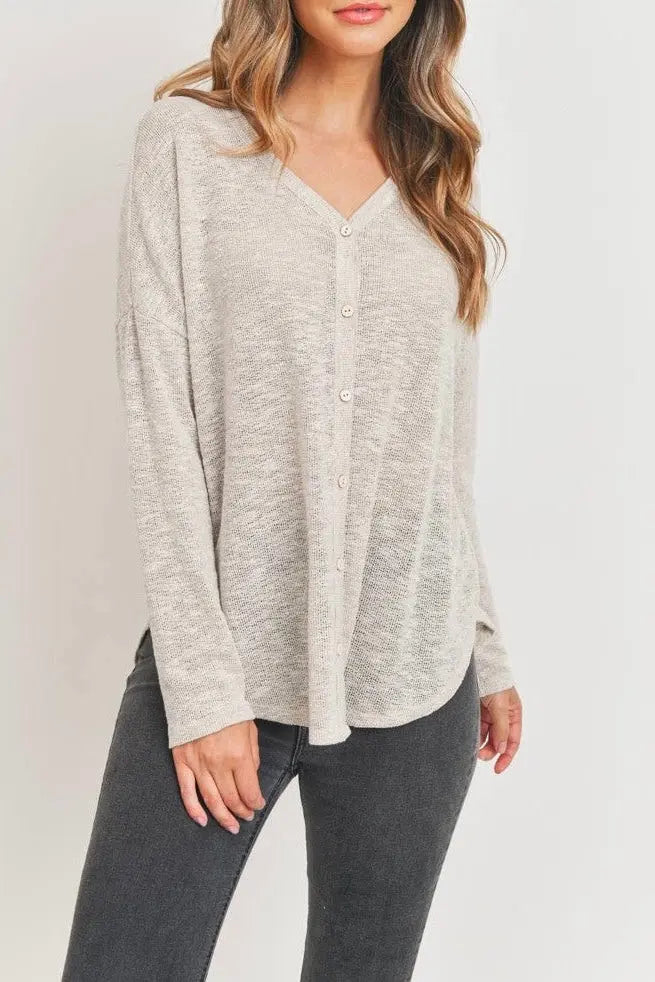 The Tiny Details Oatmeal Lightweight Long Sleeve Button Down Top