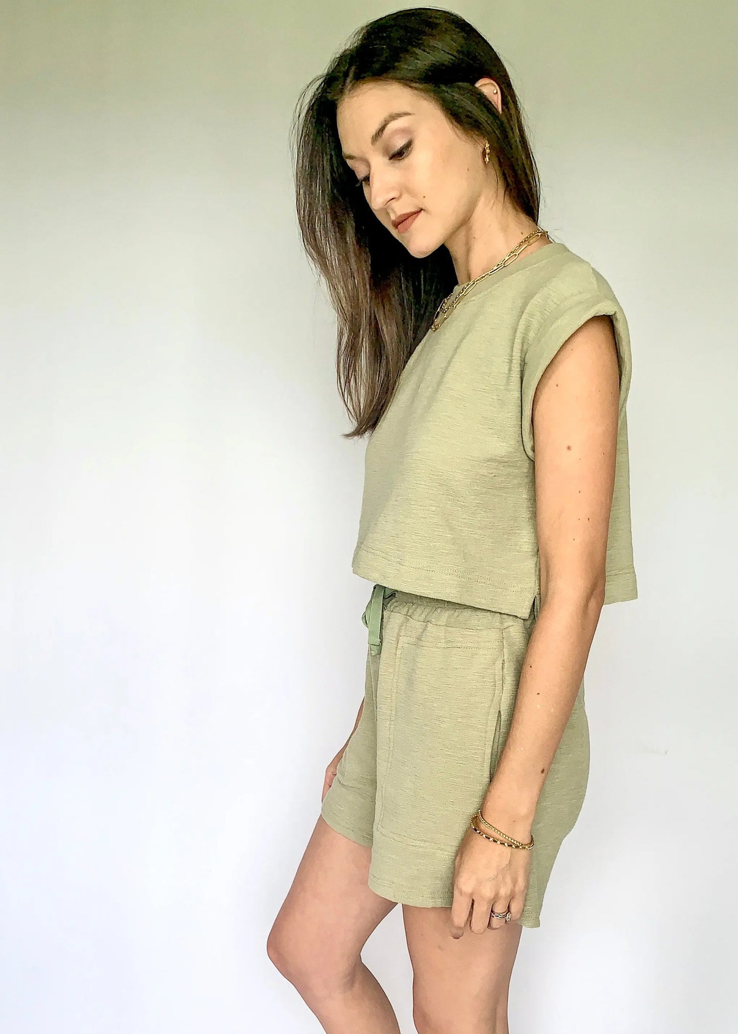 The Tiny Details Olive High Waisted Textured Knit Shorts