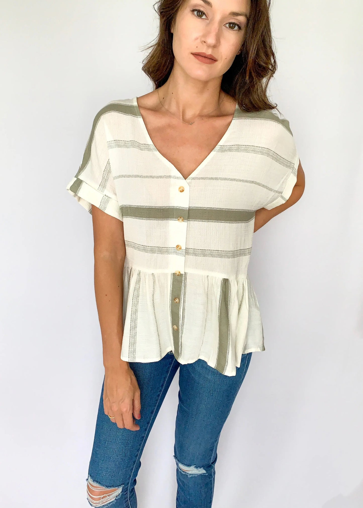 The Tiny Details Olive Striped Button Down Short Sleeve Top