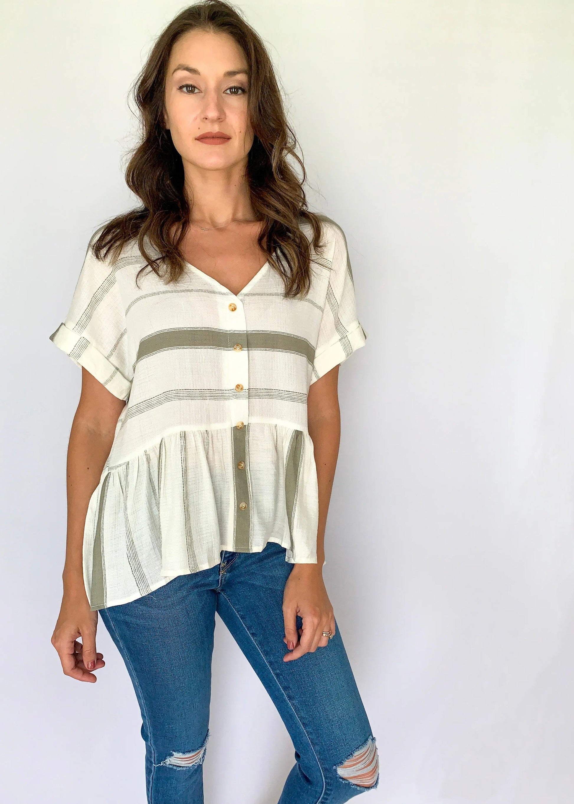 The Tiny Details Olive Striped Button Down Short Sleeve Top