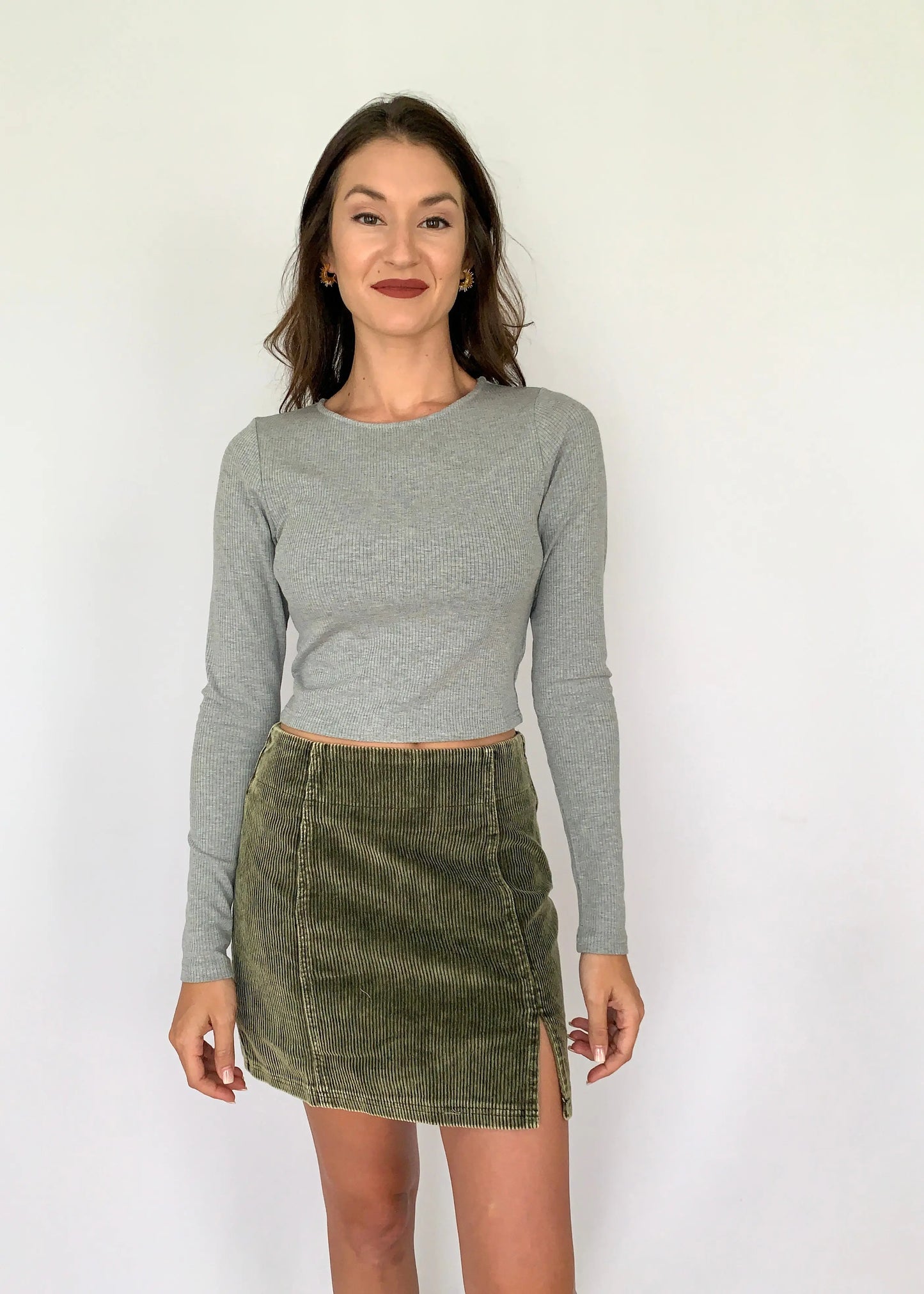The Tiny Details Olive Washed Corduroy Mini Skirt