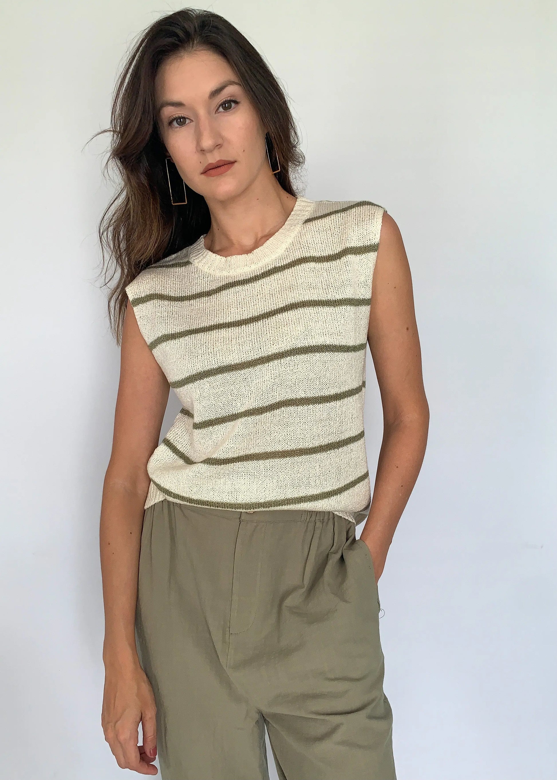 The Tiny Details Olive & Cream Horizontal Stripe Knit Pullover *Size Large*