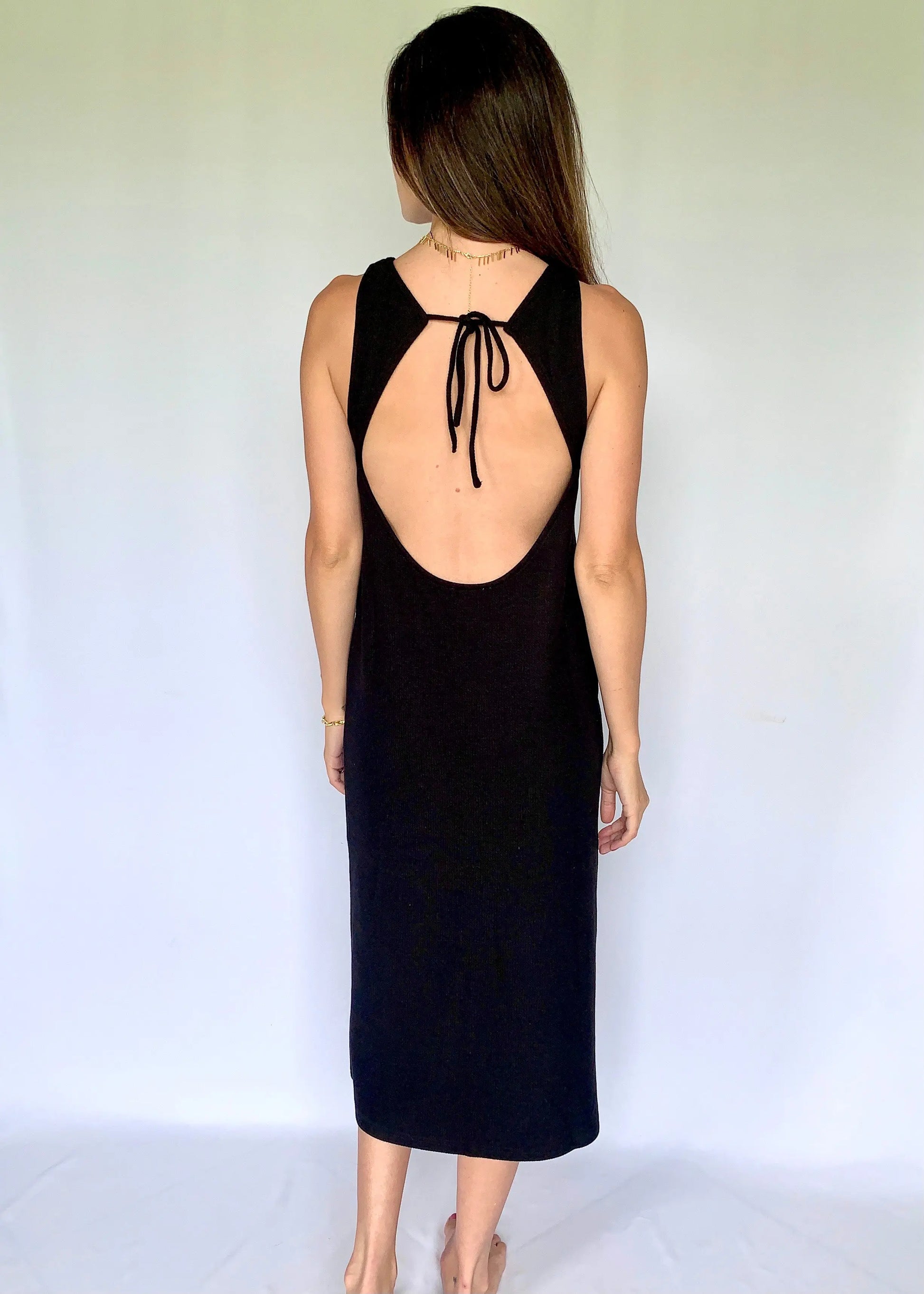 The Tiny Details Open Back Black Ribbed Knit Midi Dress