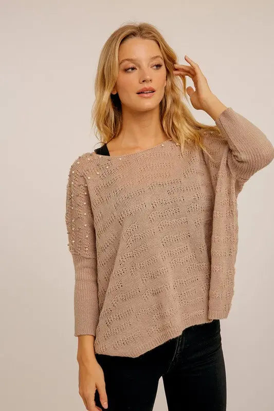 The Tiny Details Pearl Embellished Pointelle Knit Sweater