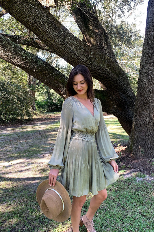 The Tiny Details Pleated Olive Surplice Satin Dress
