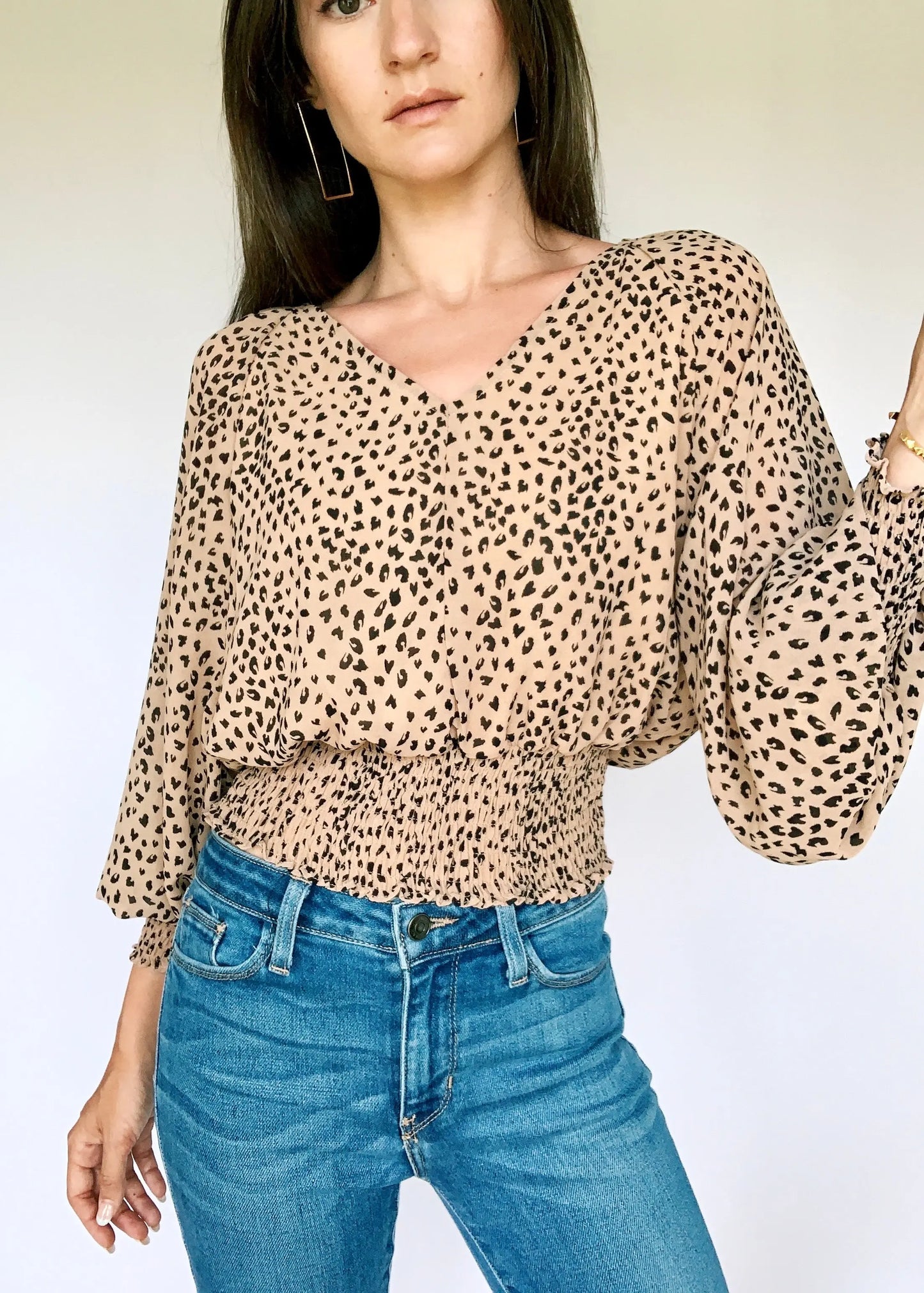 The Tiny Details Printed Long Dolman Sleeve Smocked Waist Top