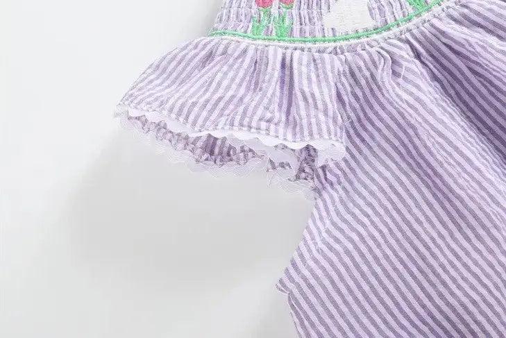The Tiny Details Purple Seersucker Easter Bunny Smocked Bishop Dress