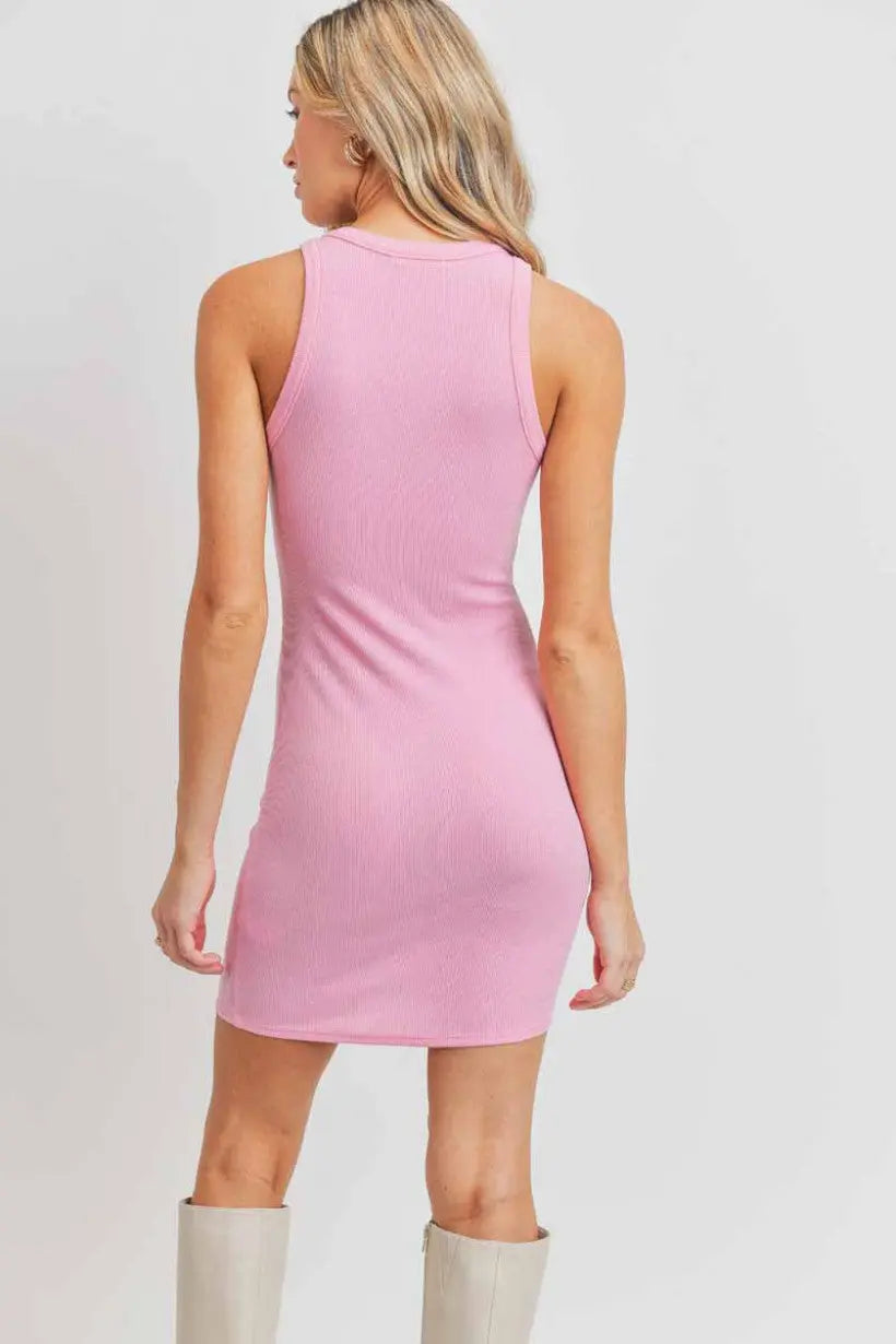 The Tiny Details Round Neck Ribbed Pink Tank Dress