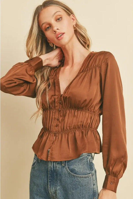 The Tiny Details Ruched and Shirred Satin Blouse
