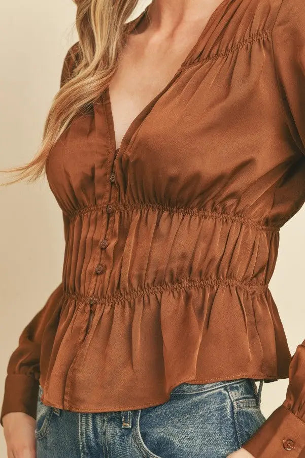 The Tiny Details Ruched and Shirred Satin Blouse