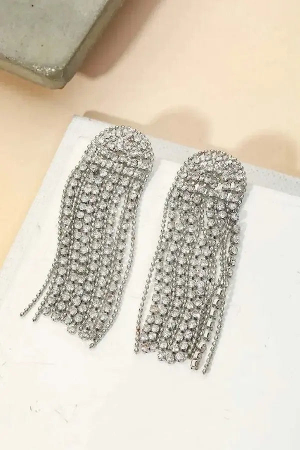 The Tiny Details Silver Arch Rhinestone Chain Fringe Earrings