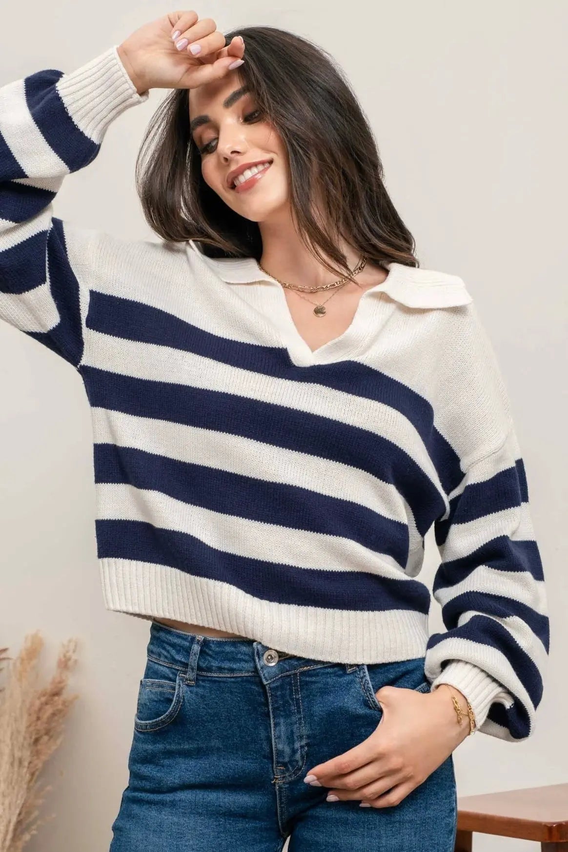 The Tiny Details Striped V-Neck Collared Pullover