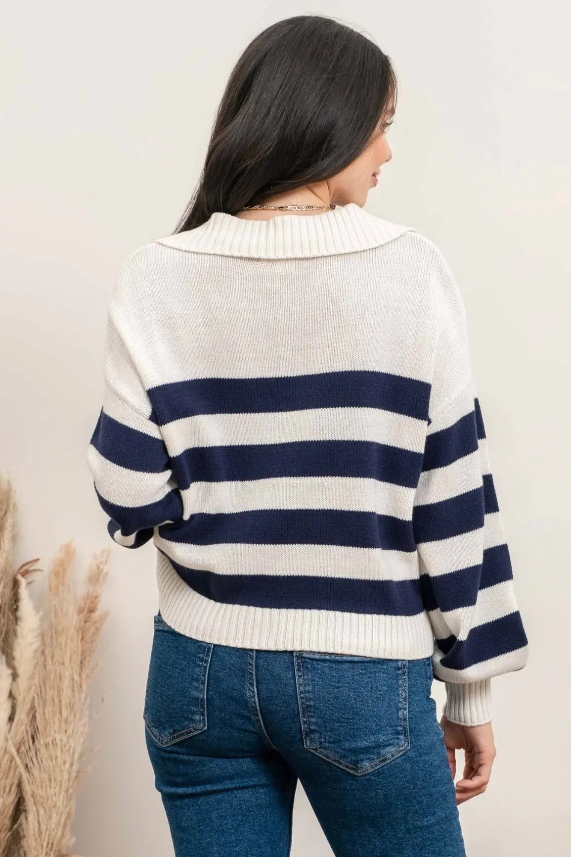 The Tiny Details Striped V-Neck Collared Pullover