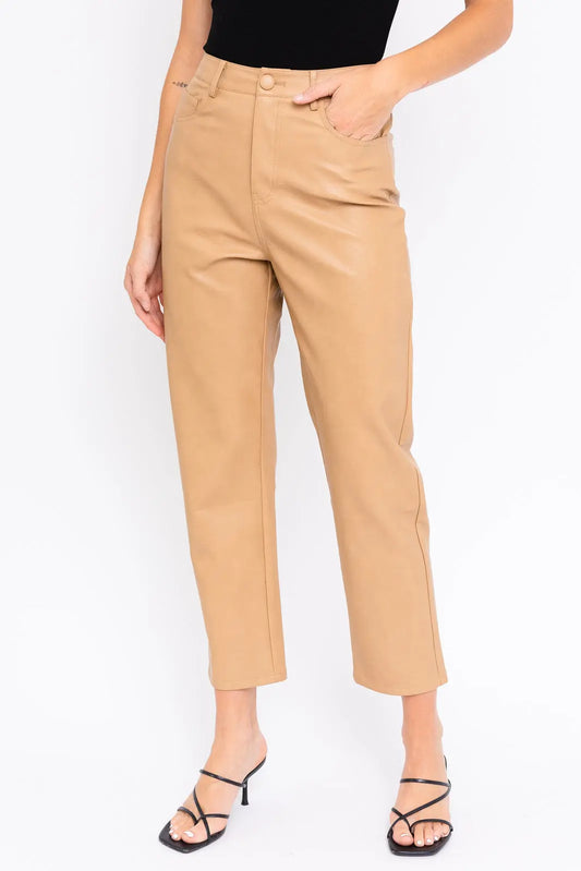 The Tiny Details showcasing Tan Faux Leather Straight Leg Pants for women