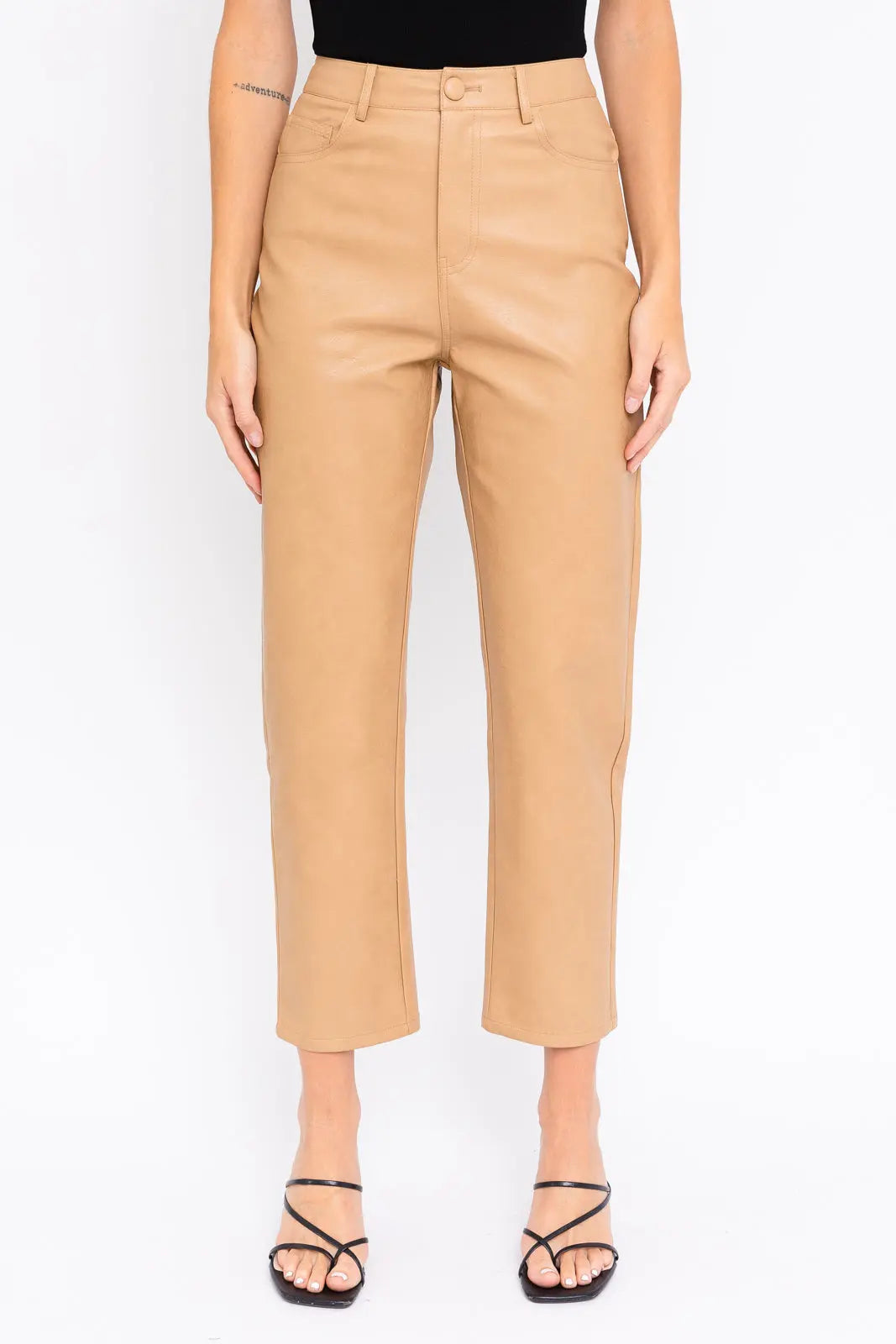 The Tiny Details showcasing Tan Faux Leather Straight Leg Pants for women
