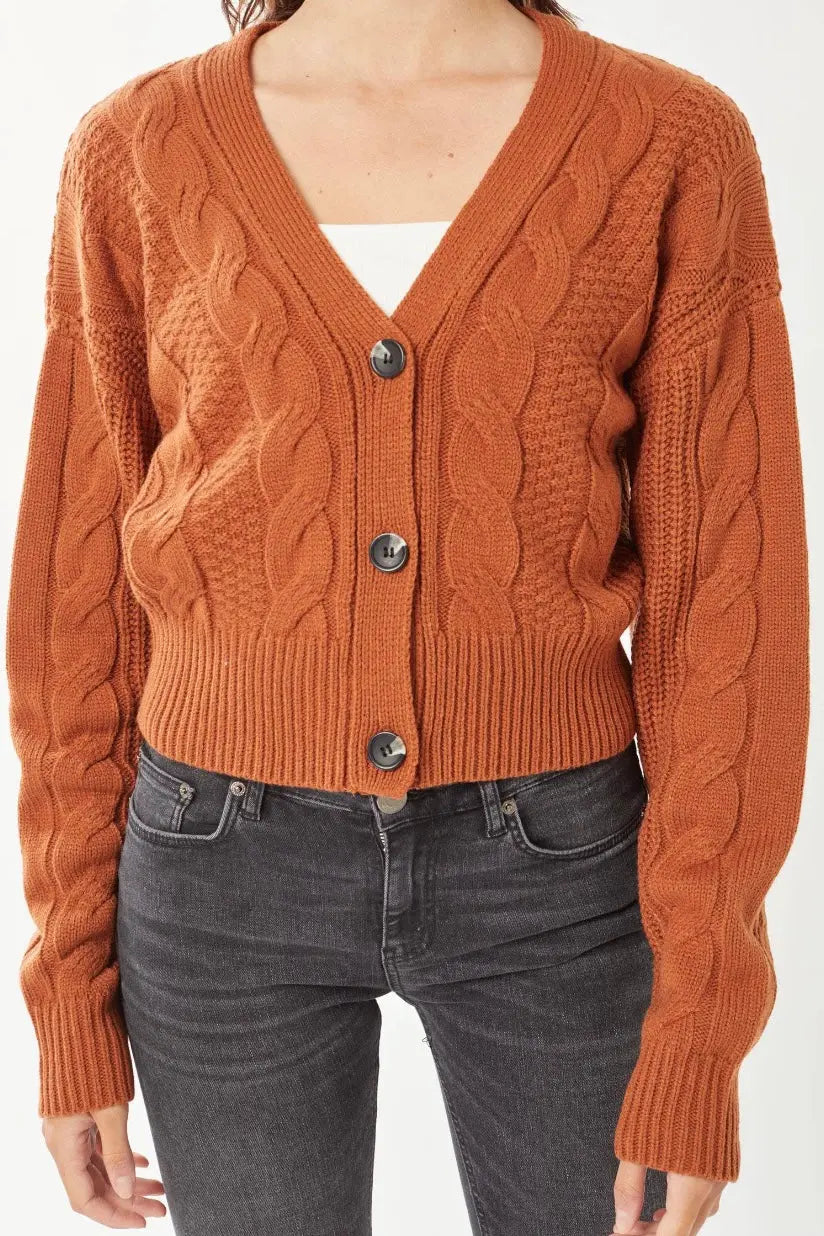 The Tiny Details modeling a terracotta chunky cable knit cardigan for womens fall fashion