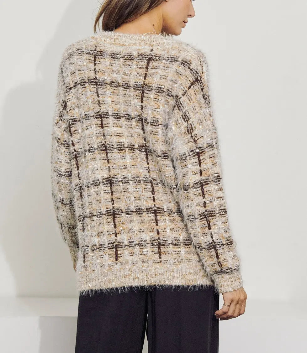The Tiny Details Textured Brown Plaid Pullover Sweater