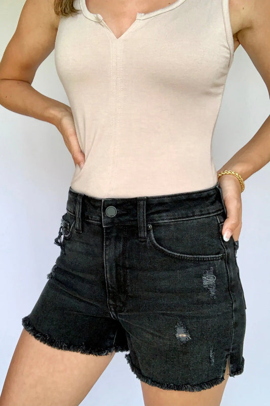 The Tiny Details Washed Black High Rise Distressed Denim Shorts