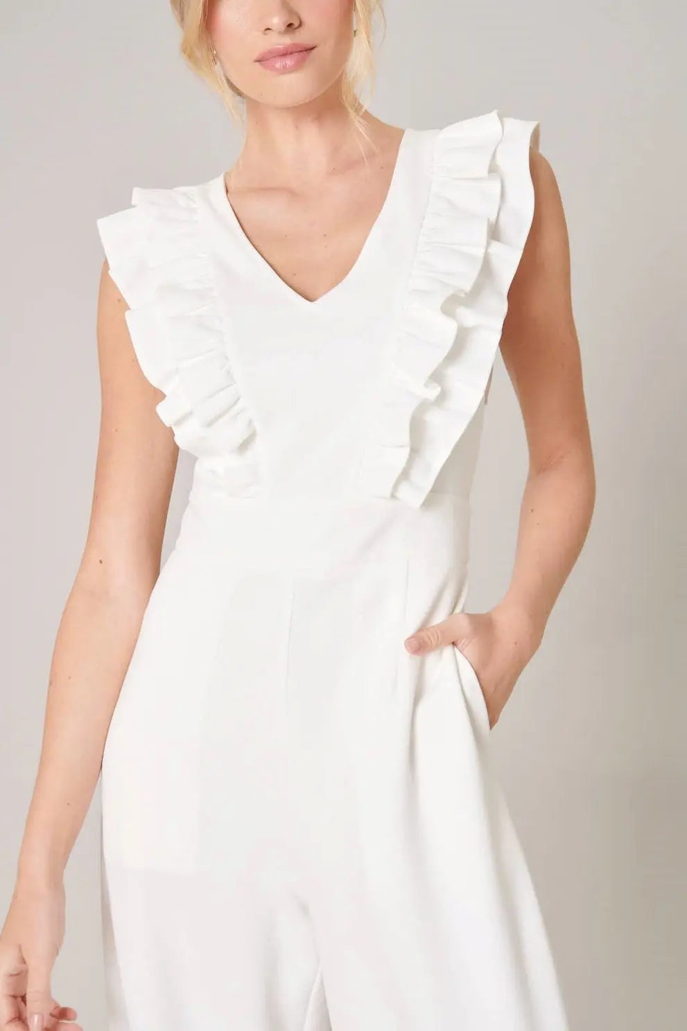 The Tiny Details White Ruffle Wide Leg Jumpsuit