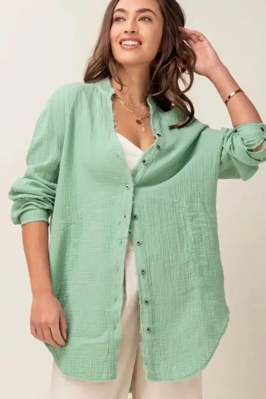 The Tiny Details Wrinkle Cotton Gauze Button Down Tunic