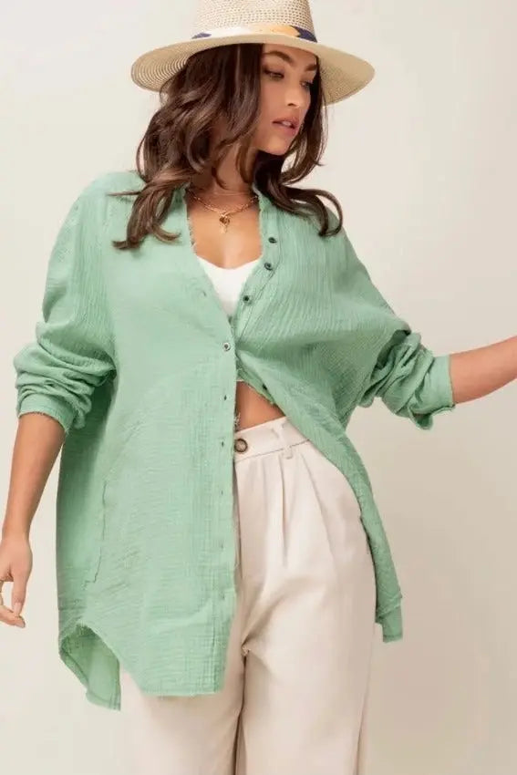 The Tiny Details Wrinkle Cotton Gauze Button Down Tunic